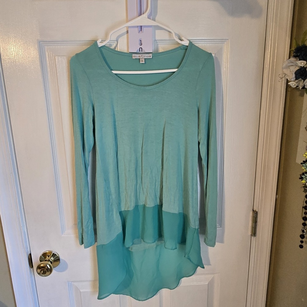 Moa Moa Womens Teal Green Long Sleeve High Low Hem‎ Chiffon Trim Tunic Top S